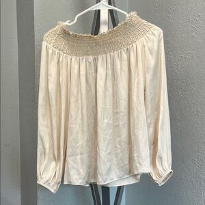 BCBGMaxAzria Women’s Cream Smocked Milou Off-The-Shoulder Satin Blouse